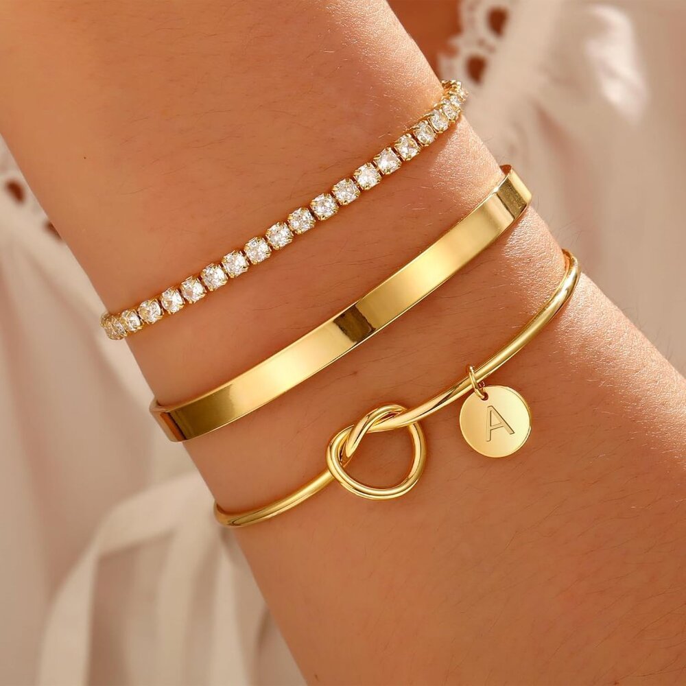 Personalized Gold Initial Bangles - Adjustable Te… - image 2